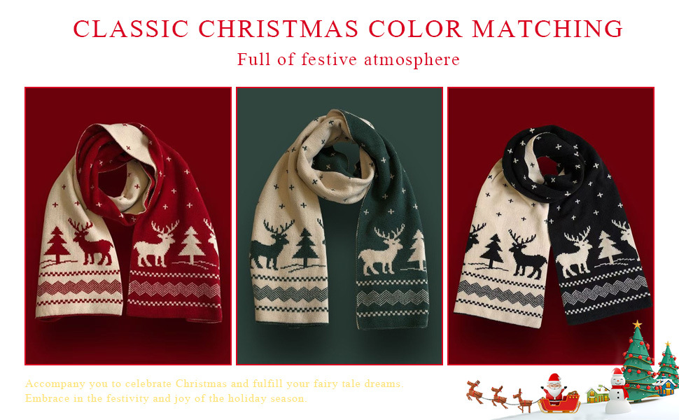 Sciarpa di lana calda lavorata a maglia con renne autunnali e invernali, scialle, sciarpa rossa per Capodanno._voghion.com