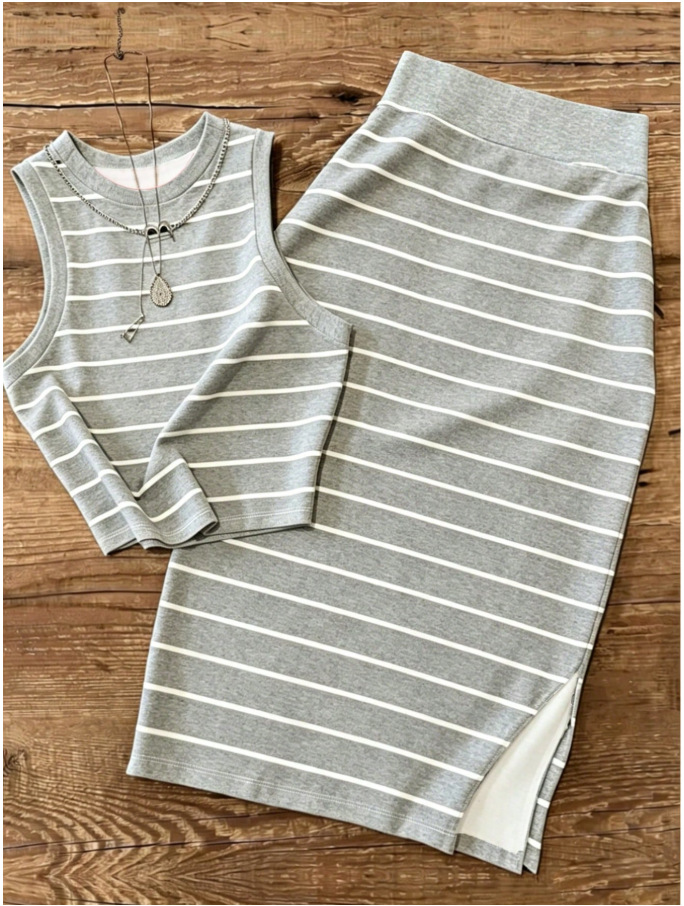 Blusa corta sin mangas de punto roscado para mujeres transfronterizas con traje de falda corta casual y elegante juego de dos piezas