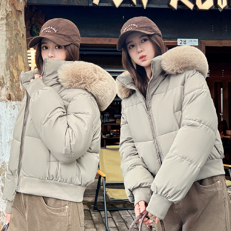 2025 invierno nuevo suelto delgado cuello con capuchón corto plumón chaqueta de algodón para mujeres cintura gruesa chaqueta de algodón