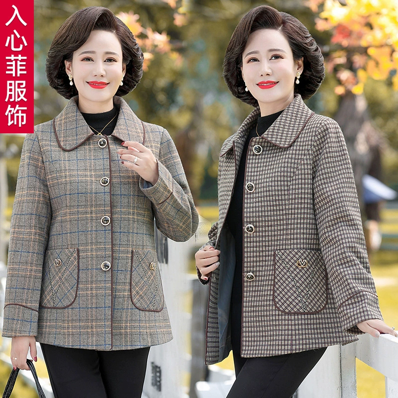 Весенне-осенний маленький костюм для мамы среднего возраста, короткая куртка для женщин, весна-осень 2025, новый стиль, клетчатый топ для среднего и пожилого возраста, уменьшающий возраст