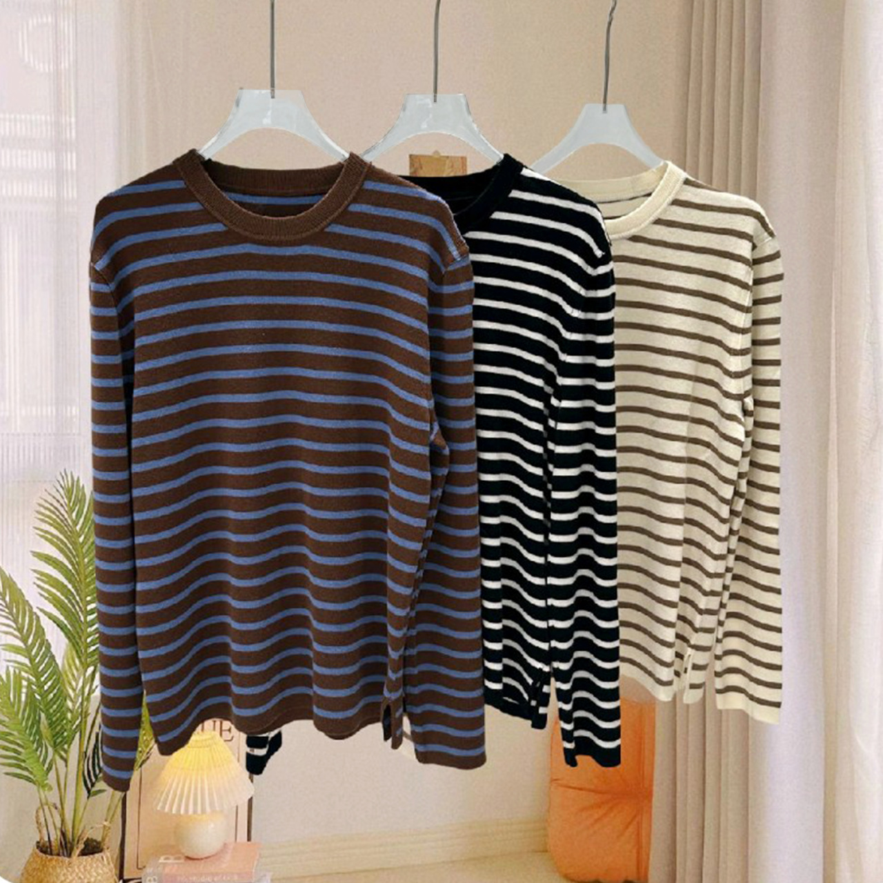 源头现货精品女装 精纺羊毛衫女圆领休闲条纹针织打底衫软糯毛衣