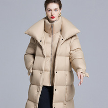 欧版2025新款加长款过膝羽绒服女时尚保暖加厚休闲宽松白鸭绒外套