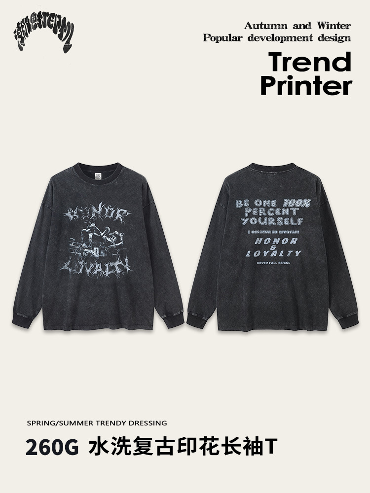 2025 primavera y otoño marcas de moda estadounidenses sueltas neutras oscuras marcas de moda de nicho sueltas de algodón lavado con agua camiseta de manga larga para hombres