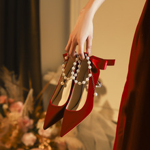 X589-32  红色新娘鞋2025新款法式单鞋仙女百搭婚鞋浅口大码34-43