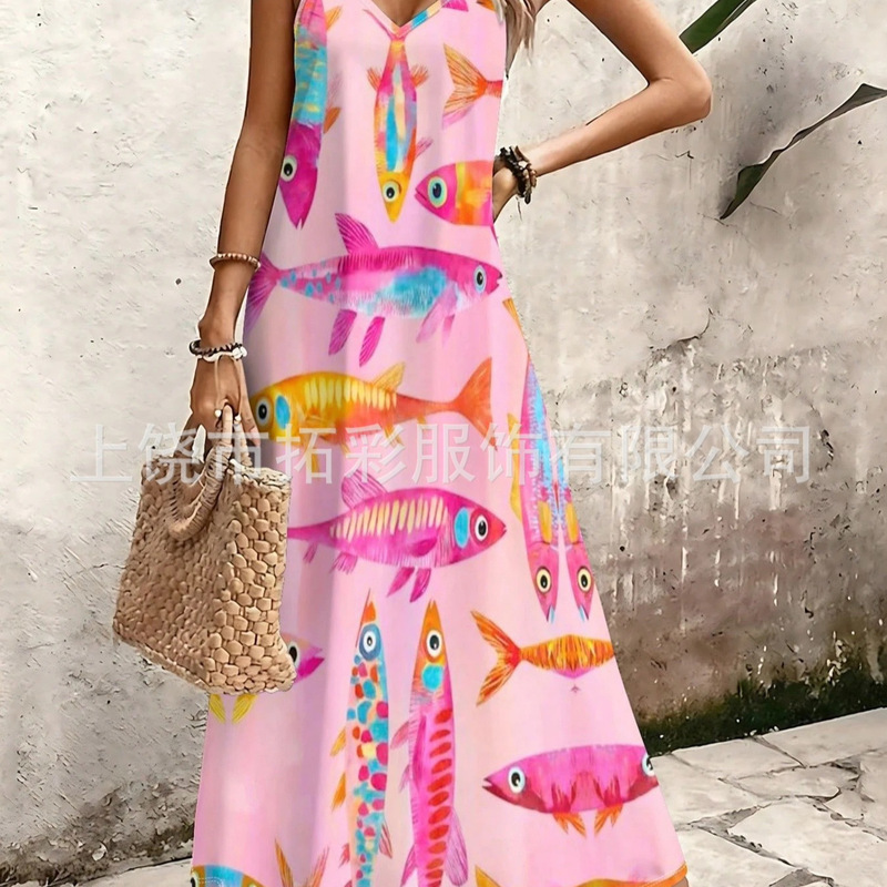 2026 Cross-border Dress with Lobster 3D Digital Print One-piece Strap Long Dress Women's Beach Vacation Bestseller