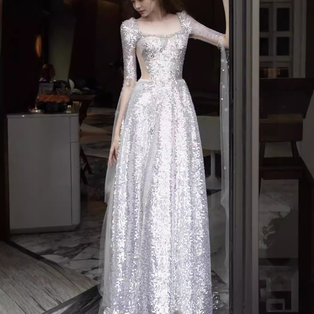 Women's Silver Sequined Off-The-Shoulder Evening Gown Hepburn Style Starry Sky Party Toast Dress Model Runway Annual Event_ecoleips.com