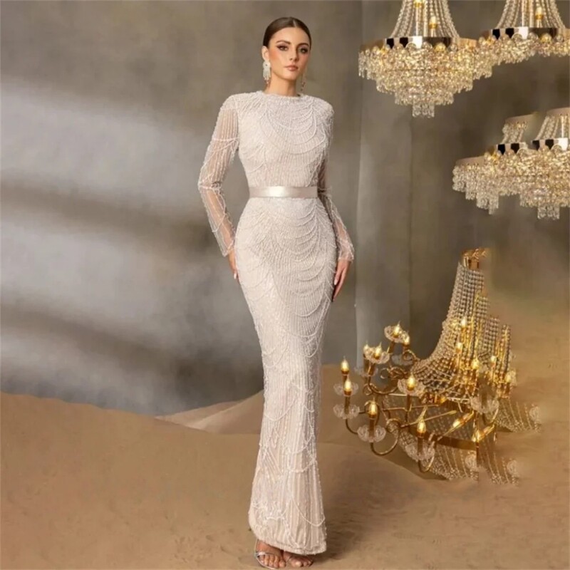 Luxury Evening Dress with Round Neck, Long Sleeves, Beaded Embroidery, Slim Fit, Mermaid Style, Elegant and Slimming