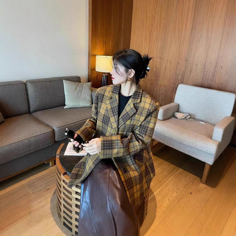 Yellow Coffee Plaid Woolen Outwear Women's Mid-Length 2025 Autumn and Winter New Korean Style Street Celebrity Suit Top Trendy