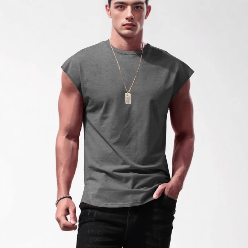 Amazon Cross-border Men's Summer New Sleeveless T-shirt Teenagers Casual Loose Solid Color Thin Shoulder-waistcoat T-shirt for Men