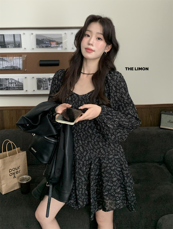 the limon柠檬绿茶2025秋设计感碎花长袖连衣裙女小个子雪纺短裙|undefined