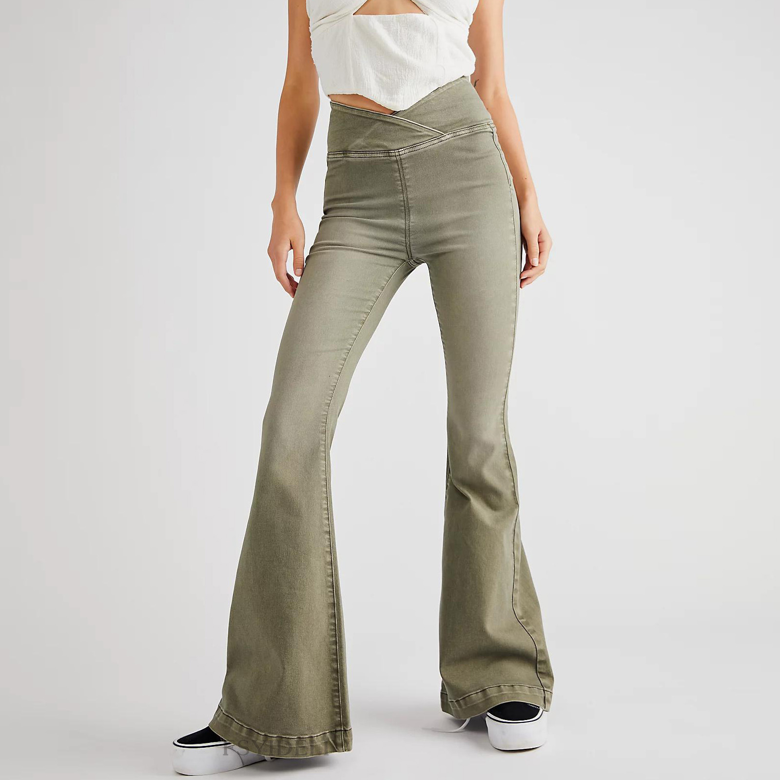 Women's Fashionable Irregular Slim High Waist Denim Flare Pants_voghion.com