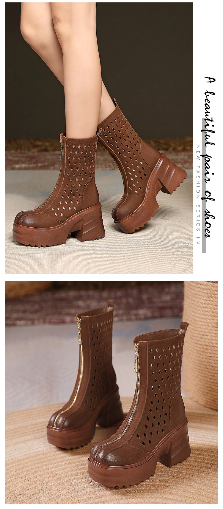 Boot nữ cổ điển khóa kéo phía trước gót dày 10 cm — Màu nâu chi tiết 6