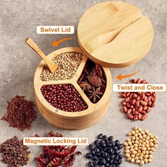 竹制分格旋转调味罐带盖实木收纳盒餐厅厨房旋转带勺子佐料调味盒