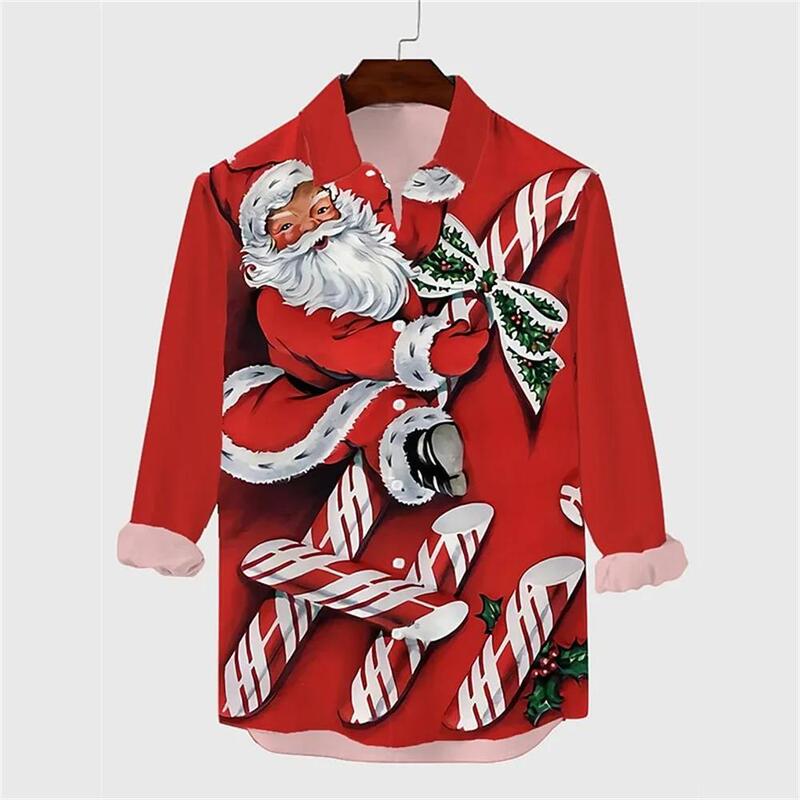 Hawaiian Christmas Theme Christmas Tree Shirt Men's Casual Retro Top 3D Printing Flower Long Sleeve Clothing Holiday
