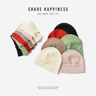 Korean Style Bow Knitted Hat Gloves Two-piece Set Girls Sweet Cute Winter Warm suit Solid Color All-match