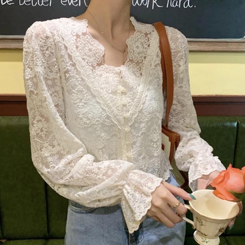 Plus-size French lace shirt for women, autumn high-end design, niche hollow-out V-neck top, stylish shirt