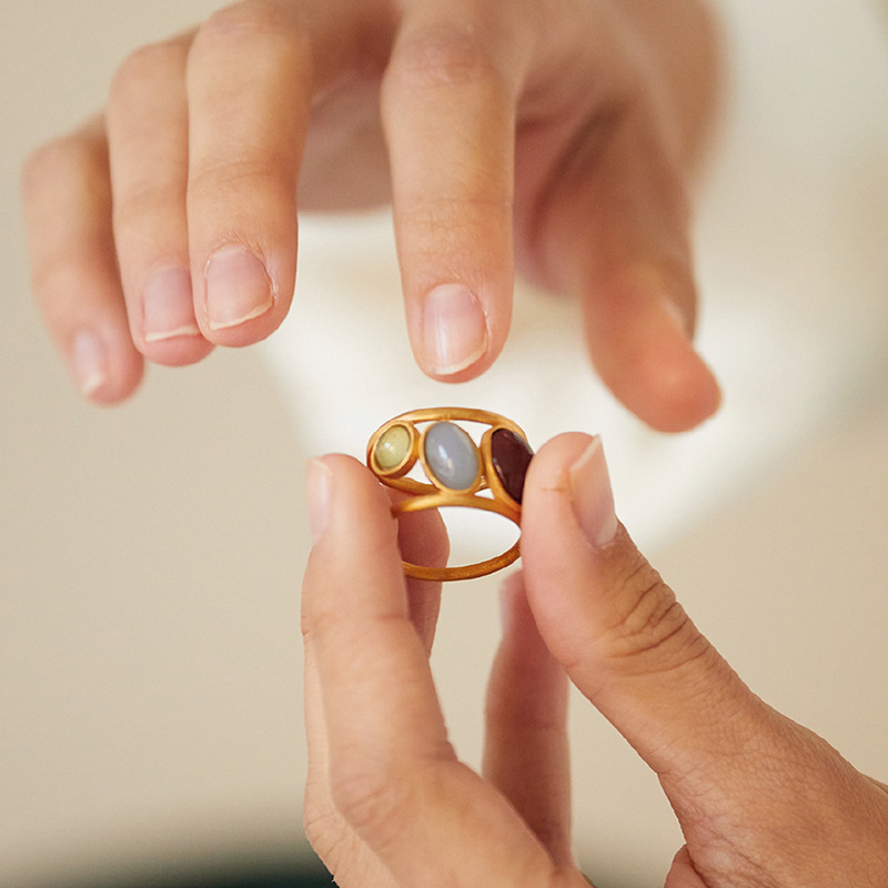 Adjustable Ring Size Fashion Geometric Copper Inlay Artificial Gemstones Open Ring