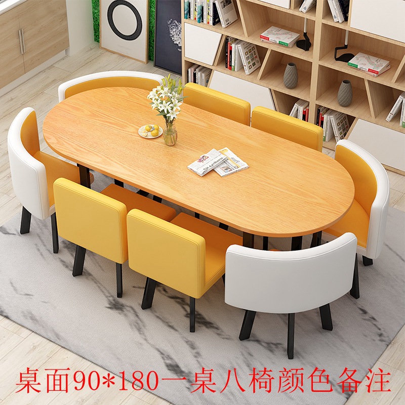 180*90 color madera mesa 0 piel amarilla y blanca una mesa y ocho sillas