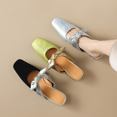 海晏河清~2024新款頭層牛皮真皮氣質國風新中式包頭穆勒拖鞋女潮