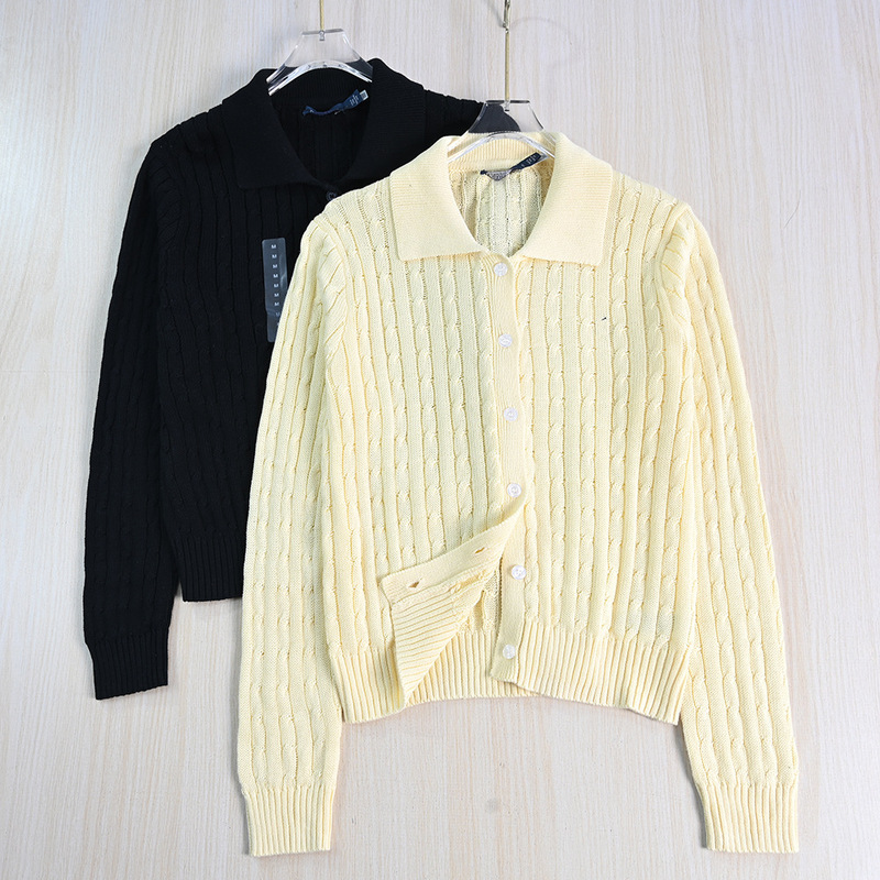 Siqi Women's Clothing 2510/16 American Single Embroidery Thick Needle Cotton Thread Cable Lapel Buttoned Casual Sweater