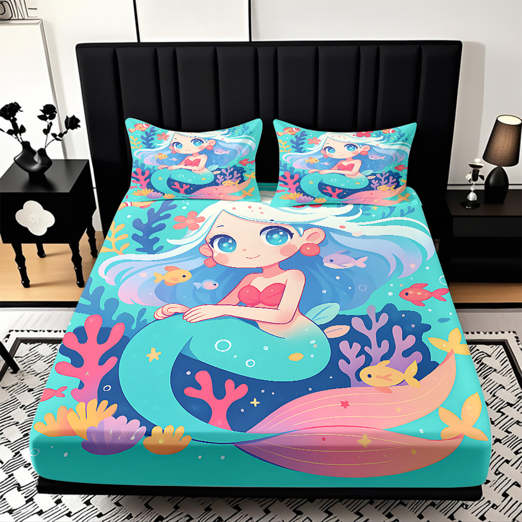 JIT modo Temu 3D impresión de caricatura sirena cama textil casera camisa ropa de cama tres piezas set transfronterizo mayorista