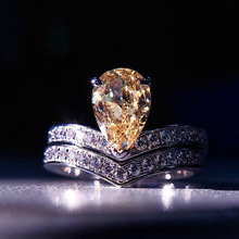 一件代发 925银镀金 异形水滴黄钻戒指 优雅大气套戒 18k金戒指