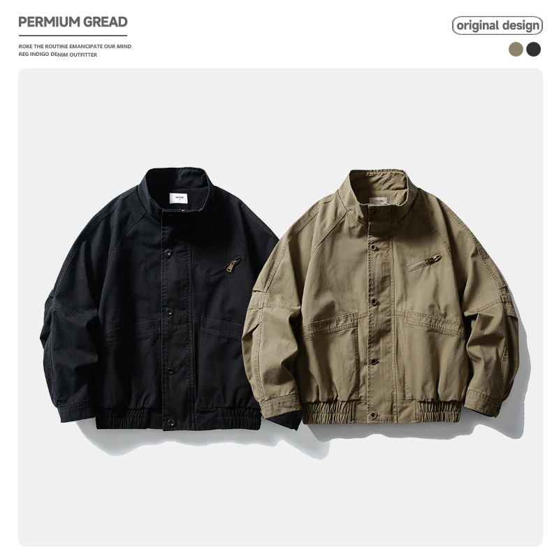 Japanese Retro Trendy Brand Workwear Patchwork Stand Collar Jacket Men's Autumn Loose Small Multi-Pocket Casual Coat