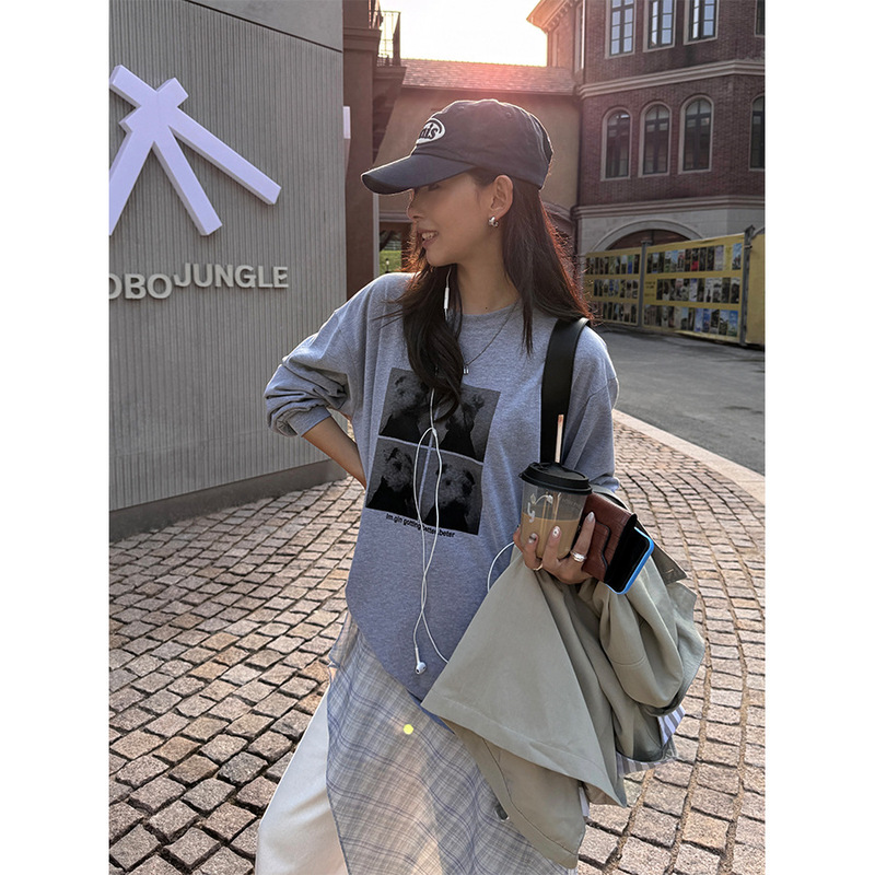 Huang Zheng Korean Style Cute Dog Four-Square Print Long-Sleeved T-Shirt Casual Loose Top for Women 530782