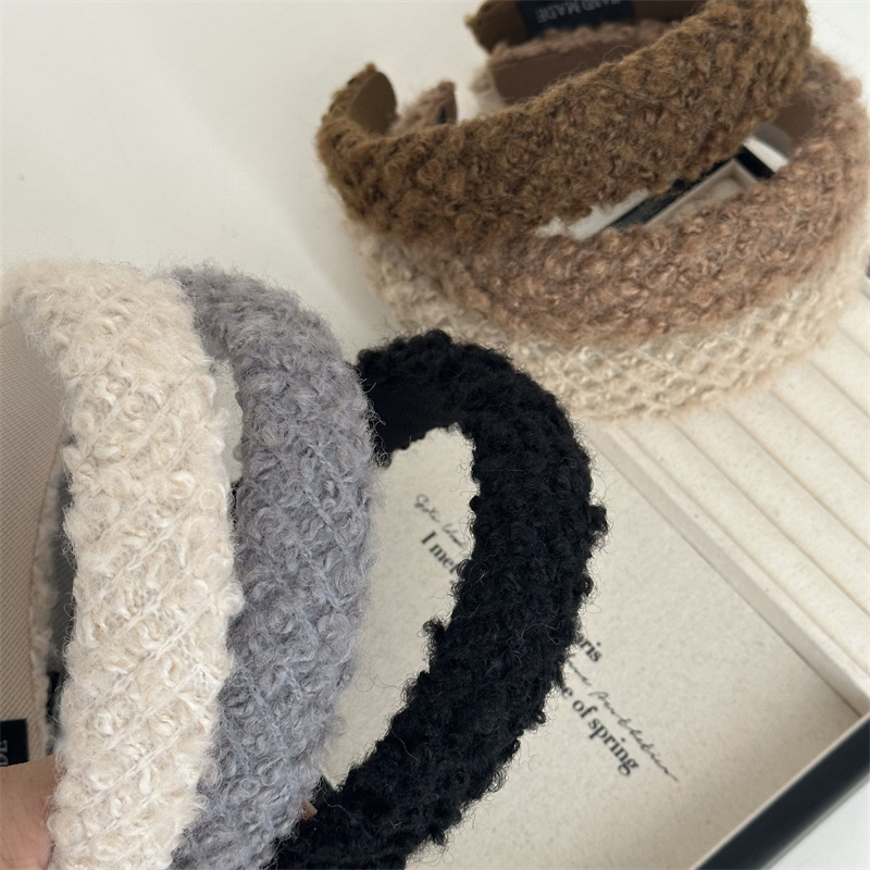 Faixa de cabeça de lã de pelúcia xadrez outono e inverno fada beleza alto sentido alto caveira topo peludo rosto lavagem grampo de cabelo faixa de cabeça acessórios para cabelo_voghion.com