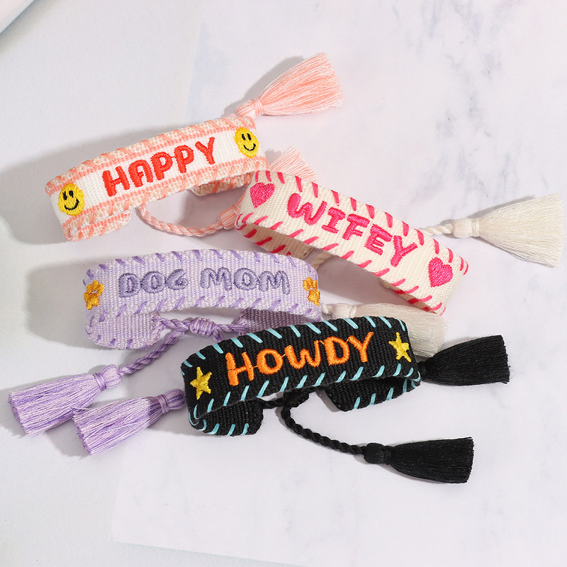 Cross-Border European and American Woven Lace Bracelets for Women, Fashionable Letter Adjustable Handmade Bracelets, Wholesale Tassel Versatile Bracelets