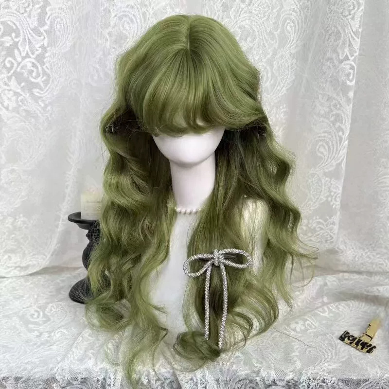 【Greenfield Elf】Full wig with curly bangs, green wool curls, flattering for fair skin, and a relaxed, wavy style