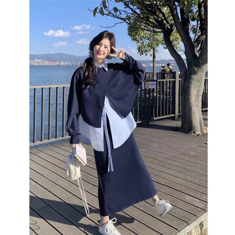 2025春季新款休闲百搭不规则设计感宽松卫衣马甲衬衫半身裙三件套|undefined