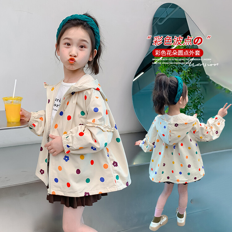 소녀 웨이브 닷 후드 재킷 2025 봄 새로운 재킷 한국 유행 유행 유행 유행 윈드 브레이커 사이버 기념 어린이 코트 트렌디