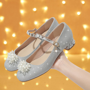 2022 new Korean Crystal women's shoes Pearl Flower sweet princess shoes performance female student shoes high heel parent shoes
