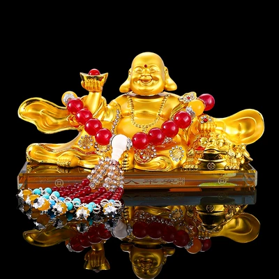 alloy ingot Maitreya Buddha — Car ornaments - crystal-bottom-20128cm900-grams-golden-maitreya-red-beads