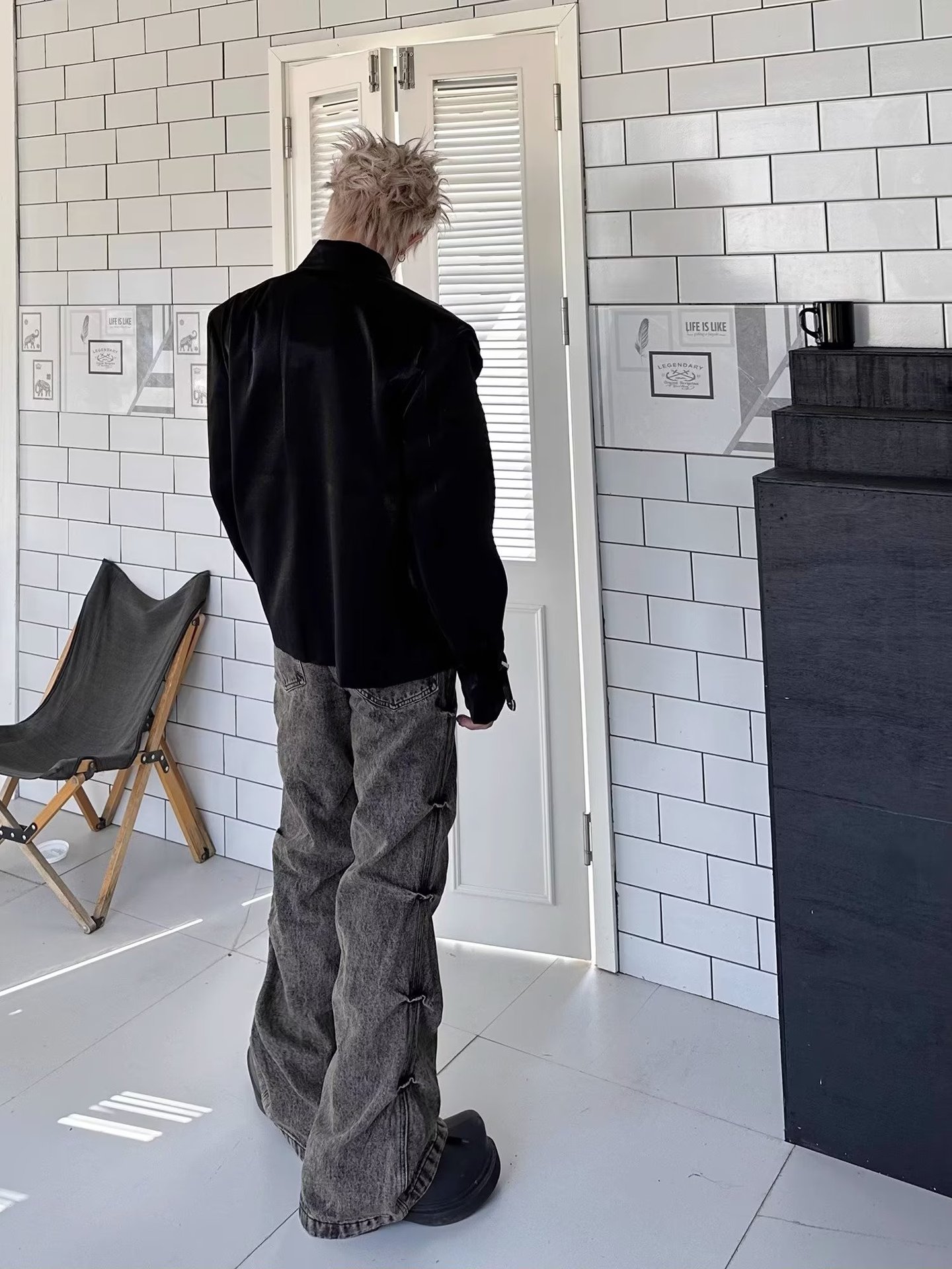 American High Street Vintage Worn-out Earth-tone Washed Pleated Flared Jeans Men's Wide-leg Trendy Long Pants_mkmklike.com