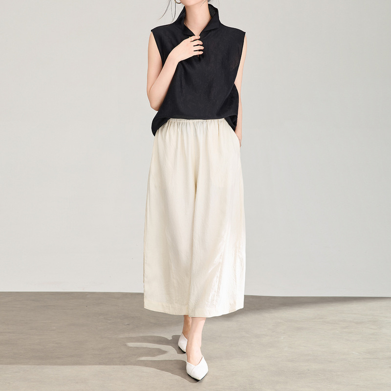 2604406-Lightweight, cool-touch crinkled acetate satin, tailored fashion casual cropped wide-leg pants, high-quality women's clothing from Nanyou 2604406-Lightweight, cool-touch crinkled acetate satin, tailored fashion casual cropped wide-leg pants, high-quality women's clothing from Nanyou