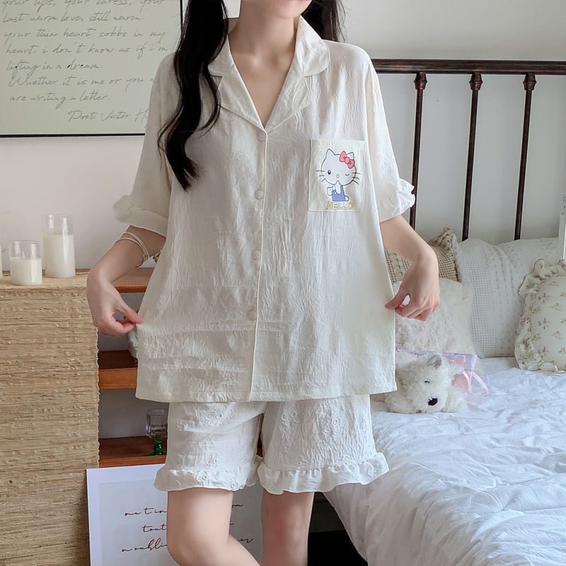 Venta al por mayor transfronteriza nuevo verano nube algodón jacquard pijama mujer solapa KT gato cardigan lindo traje casual de servicio a domicilio