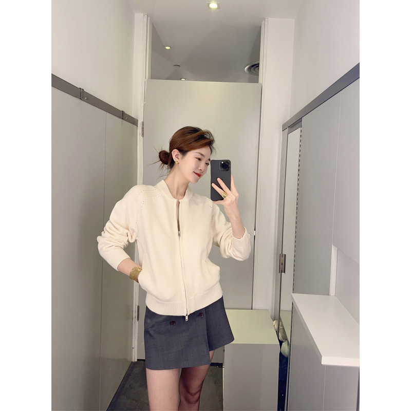 COS style women's clothing 2025 spring new cream white simple hollow sweater zipper long sleeve cardigan coat tide