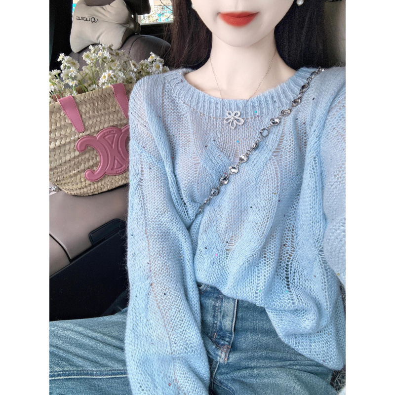 Blue Thin Flash Long Sleeve Hollow Soft Waxy Pullover Sweater Women's Autumn Loose Lazy Style High-end Sweater Top