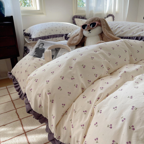Cottage Style 100% Cotton Four-Piece Bedding Set, Fresh and Natural Cotton Bedspread with Floral Lace, Small Floral Pattern, Three-Piece Set, Instagram Inspired