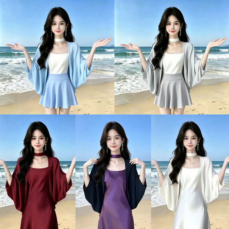 Summer Slip Dress with a Large Chiffon Shirt for Layering, Outdoor Beach Sun Protection Shawl, Breathable Air-Conditioning Shirt, Sun Protection Batwing Shirt