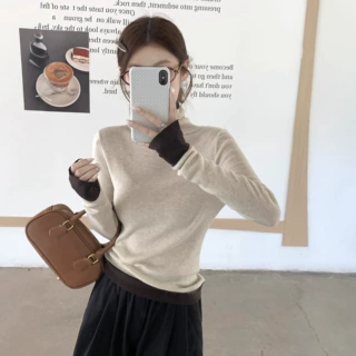 韩系撞色假两件高领针织打底衫女秋冬高级感洋气修身长袖内搭上衣