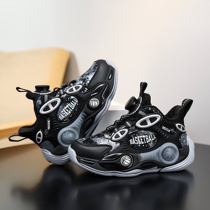 Fabricante explosión cool superficie de cuero antideslizante zapatos de baloncesto al aire libre de suela gruesa de combate real para niños giratorios zapatillas deportivas