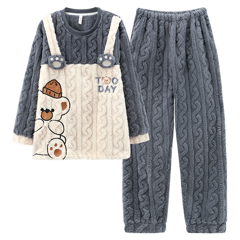 [100% fibra de poliéster] pijamas pareja de coral de lana desgaste en el hogar de dos piezas de franela engrosada cálida primavera y otoño