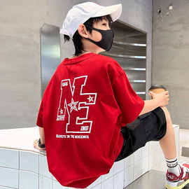 天才鲸 男童夏装短袖T恤新款中大童男孩纯棉帅气韩版红色上衣夏季