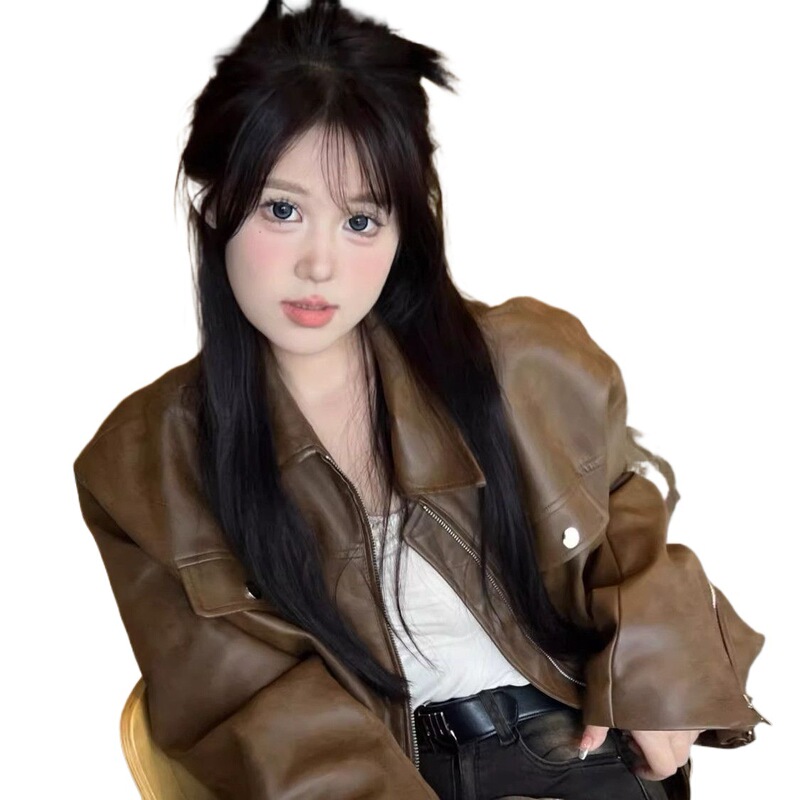 美拉德穿搭棕色皮衣外套女春秋2025新款复古港风机车服短款皮夹克|undefined