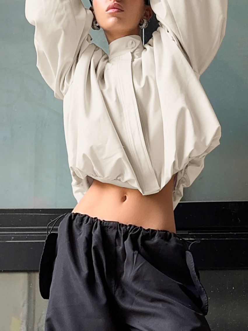 ​​Designer High-Neck Puff Sleeve Blazer – Chic Oversized Coat For Women, Work-to-Weekend Versatile Jacket​​_voghion.com