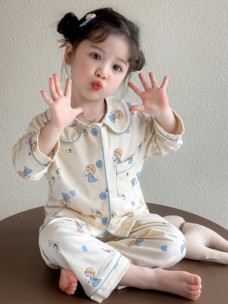 Pijamas para niñas primavera y otoño 2025 nuevo estilo cuello de muñeca para niños traje de servicio a domicilio de manga larga traje de dos piezas de otoño para bebés