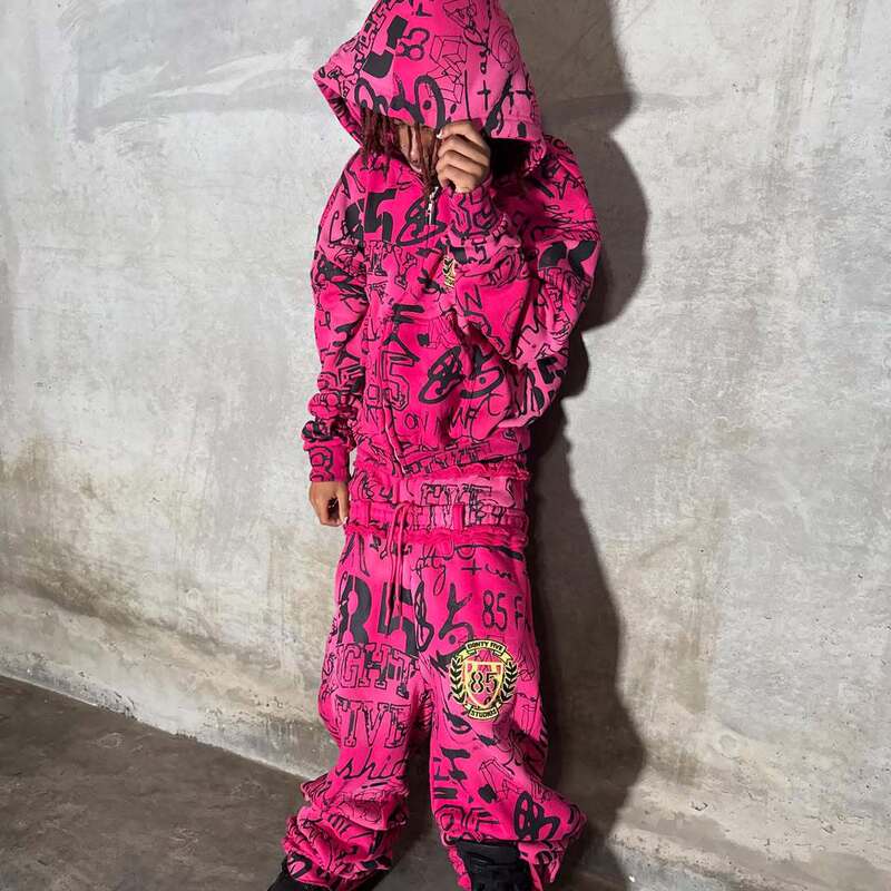 Y2K American Street Hip-Hop Style Trendyy Letters Asymmetrical Printing Retro Perfect Fit Hooded Zipper Sweatshirt